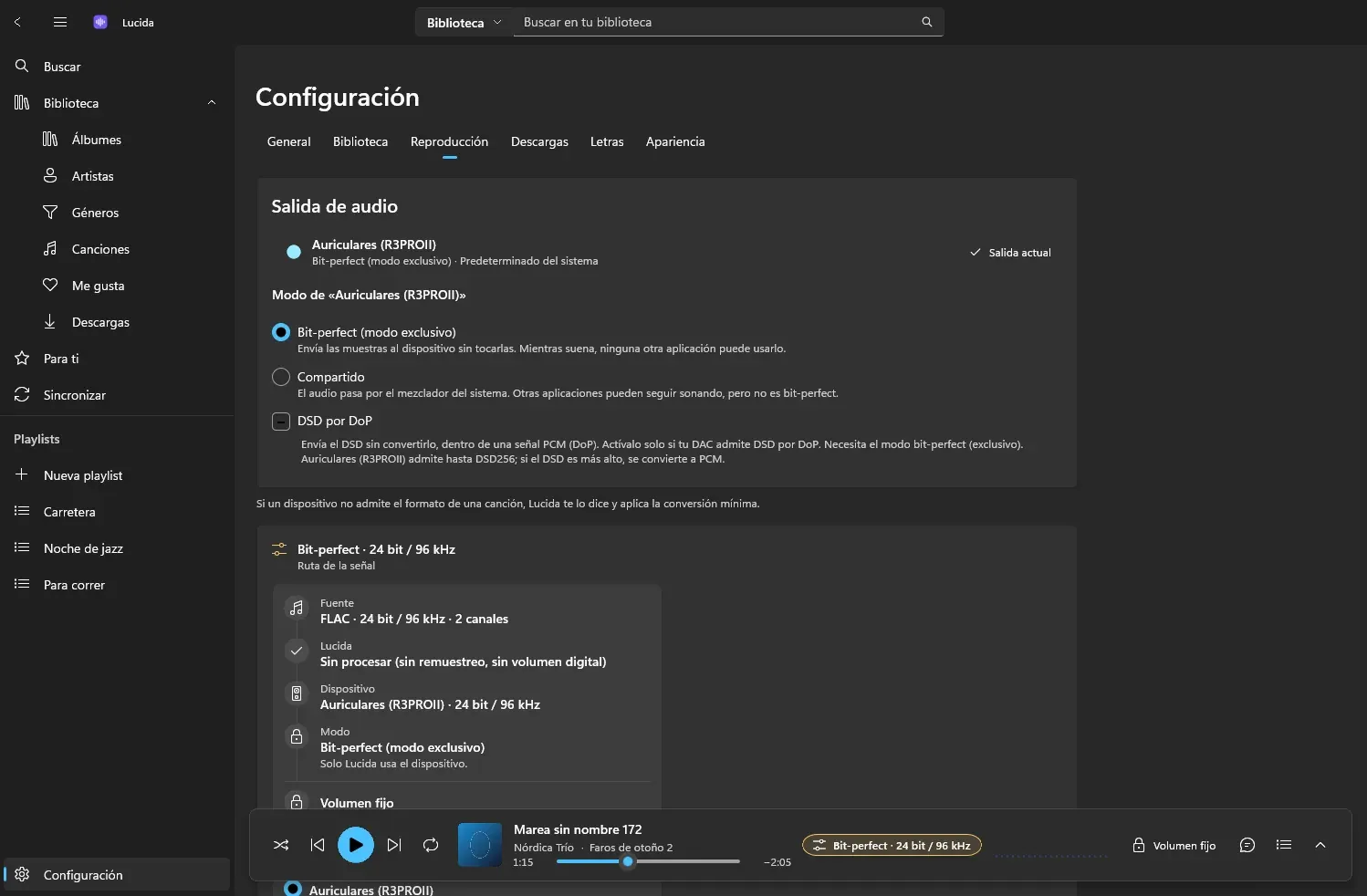 Configuración de reproducción en Windows 11 con la salida de audio y la ruta de la señal