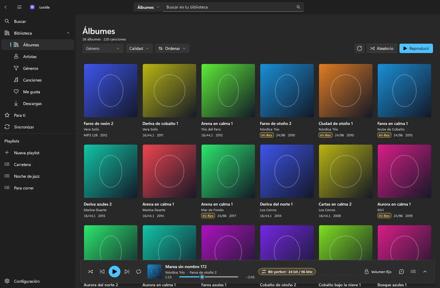 Biblioteca de álbumes en Windows 11 con filtros de género y calidad