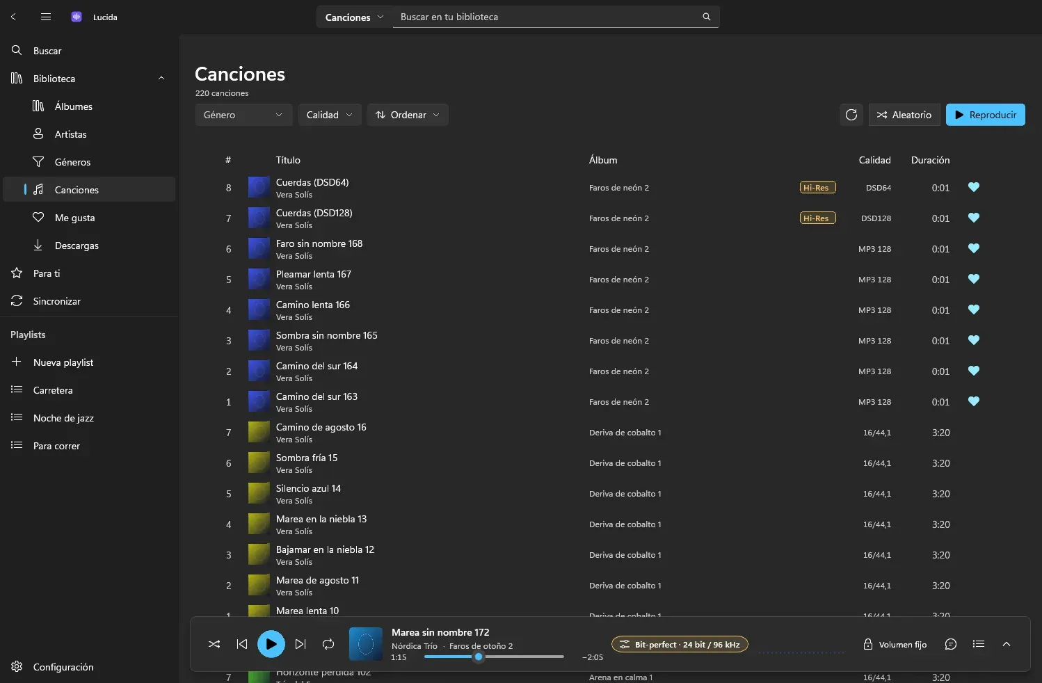 Lista de canciones en Windows 11 con formato, calidad y duración