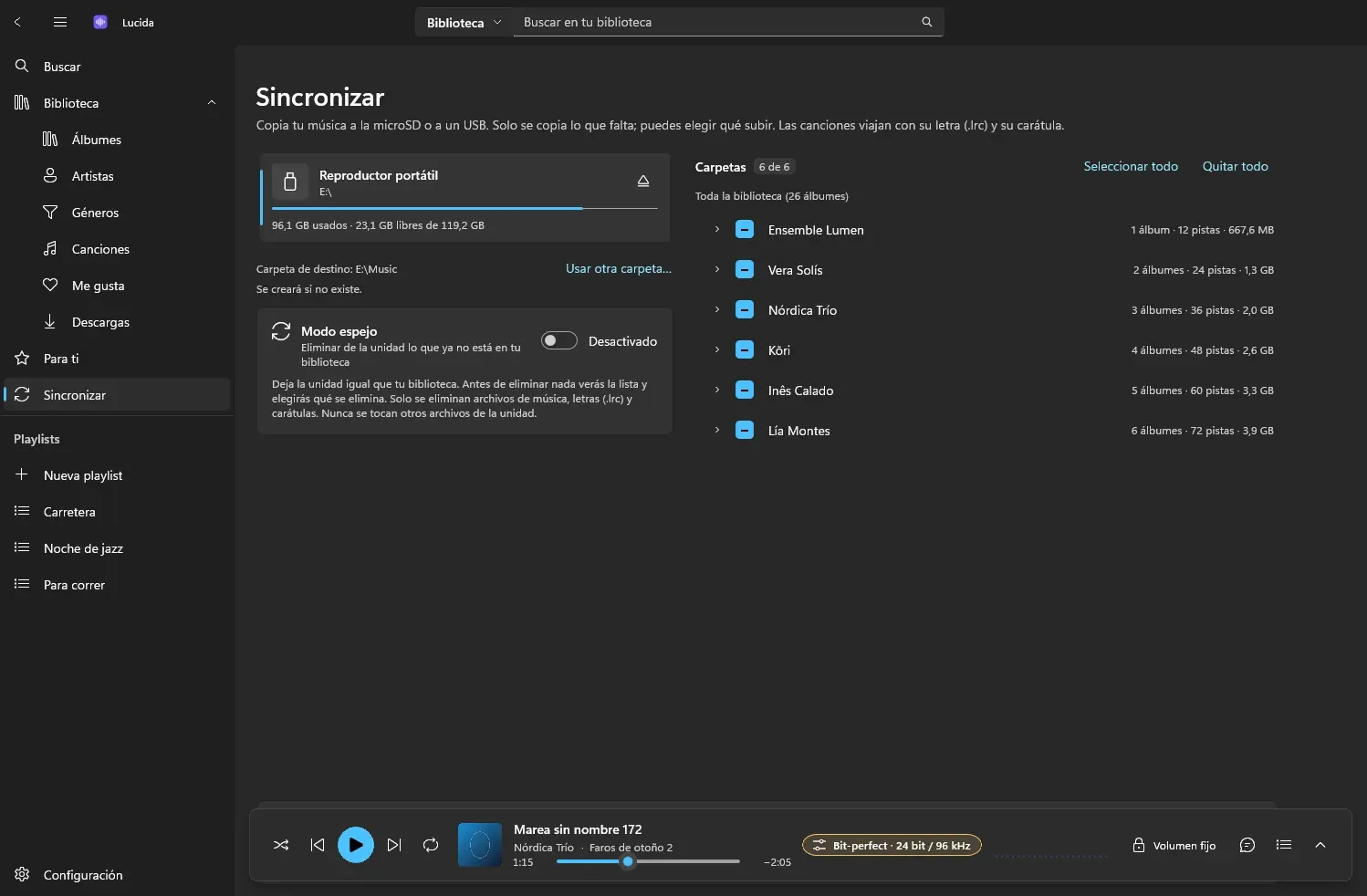Página de sincronización con un reproductor portátil en Windows 11